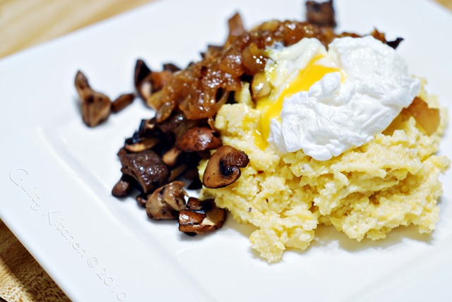 Soft Polenta, Caramelized Onions, Mushrooms and a Poached Egg